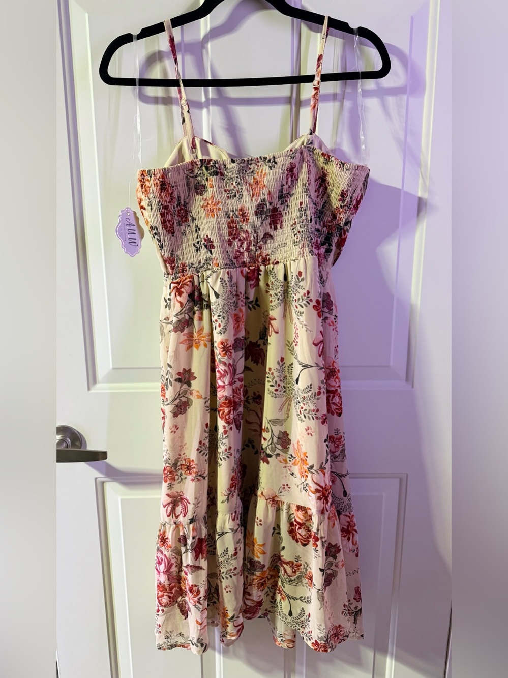 A.W.W Floral Tie-Neck Blouse in Cream with Pink & Orange Blooms- medium - Picture 4 of 10